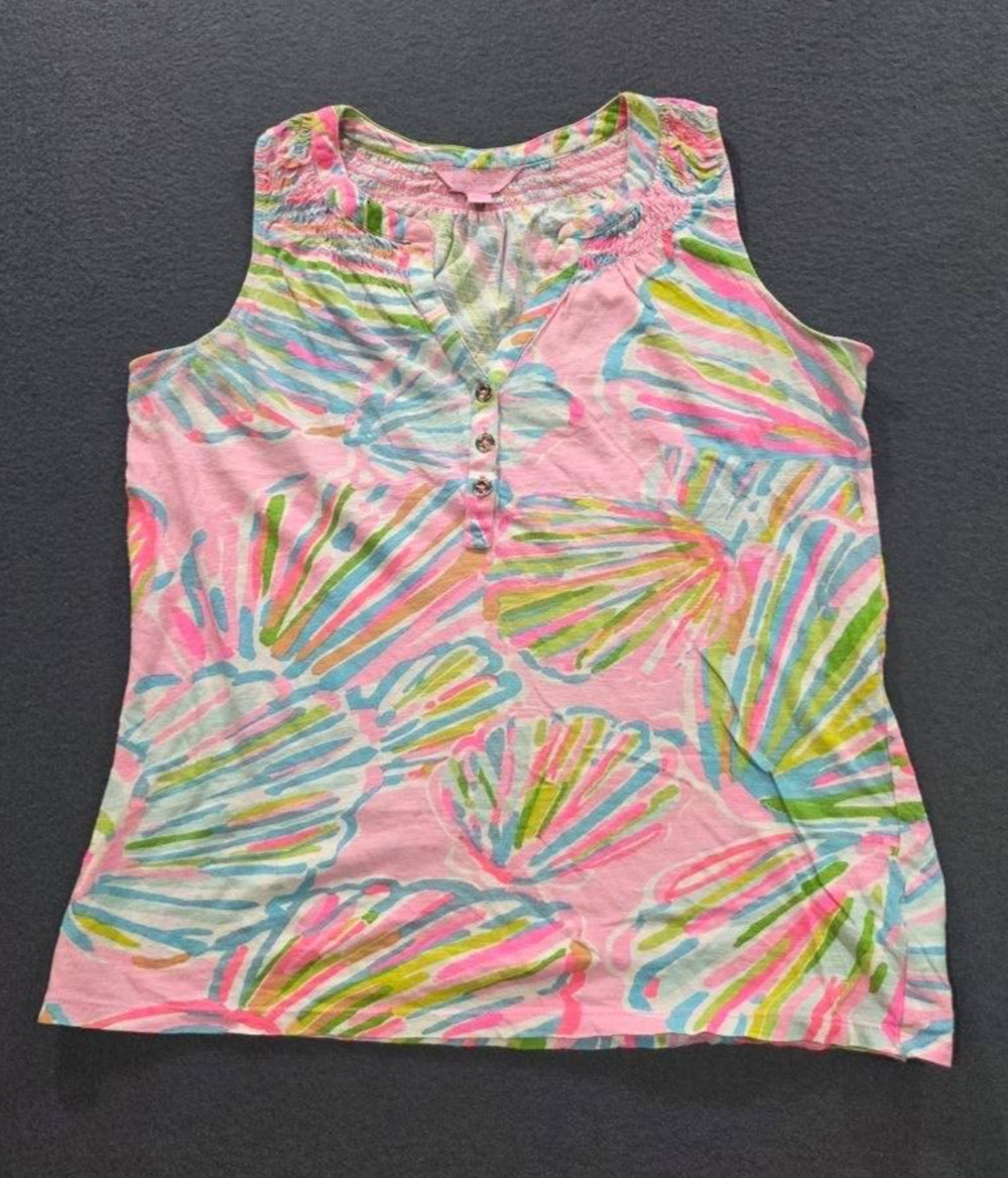 Lilly Pulitzer Tank Top cotton Pink Seashell Print Henley Sleeveless XS A008608